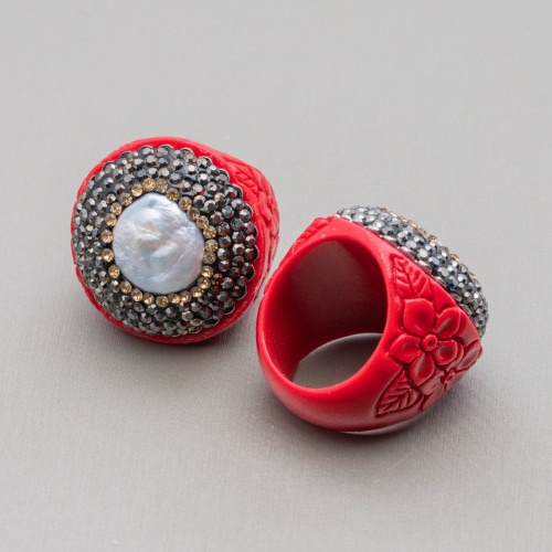 Resin Ring With 30mm Marcasite Rhinestones And Red Baroque Pearls