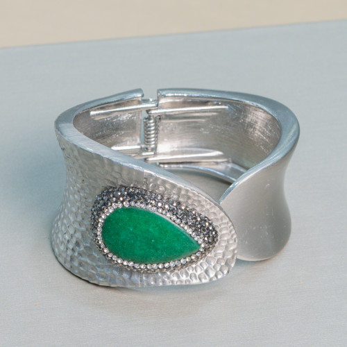 Bracelet En Laiton Avec Pierres Semi-précieuses Et Strass Marcassite M310 Vert Et Rhodié