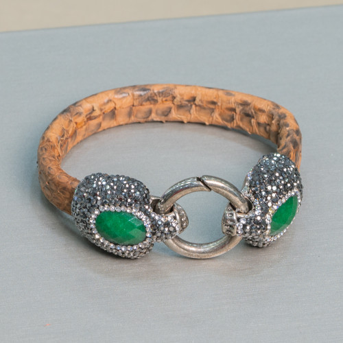 Leather Bracelet With Central Marcasite Rhinestones Snap Closure - Orange and Emerald Jade Color