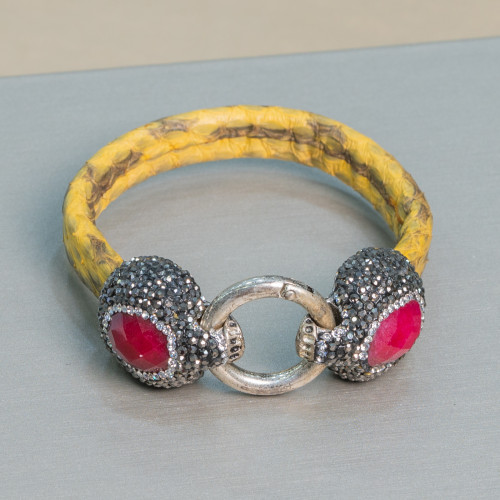 Leather Bracelet With Central Marcasite Rhinestones Snap Closure - Yellow and Rubellite Jade Color