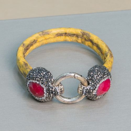 Bracelet en Cuir avec Fermeture Centrale à Pression en Strass Marcassite - Couleur Jade Jaune et Rubellite