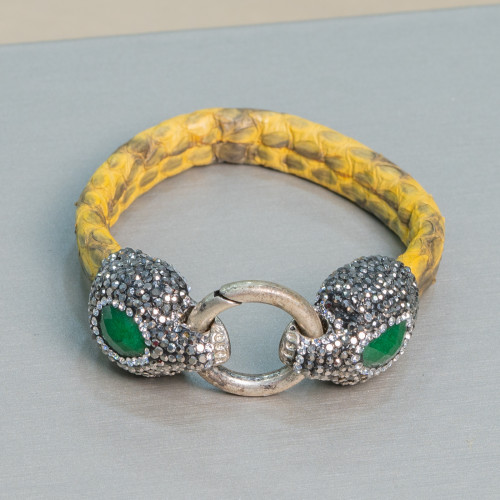 Leather Bracelet With Central Marcasite Rhinestones Snap Closure - Yellow and Emerald Jade Color