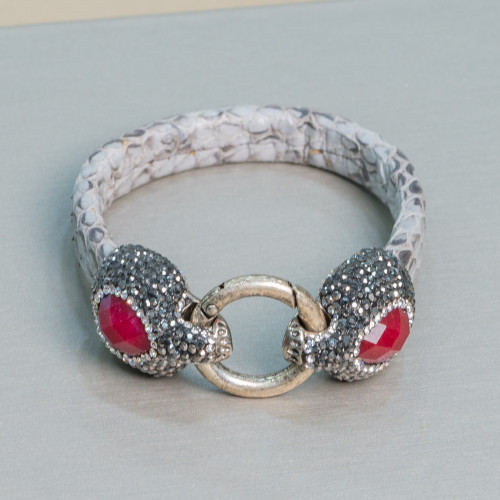 Leather Bracelet With Central Marcasite Rhinestones Snap Closure - Gray and Rubellite Jade Color