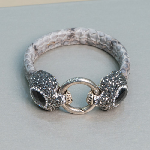 Leather Bracelet With Central Marcasite Rhinestones Snap Closure - Gray and Onyx Color