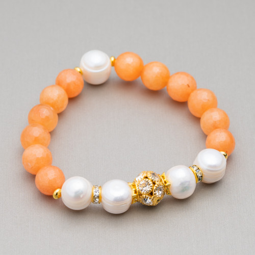 Elastic Bracelet With Semi-precious Stones And River Pearls With Central Brass Sphere And Zircons 10-12mm Orange