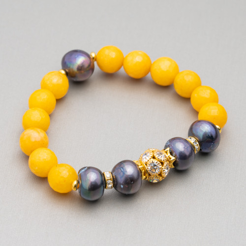 Elastic Bracelet With Semi-precious Stones And River Pearls With Central Brass Sphere And Zircons 10-12mm Yellow