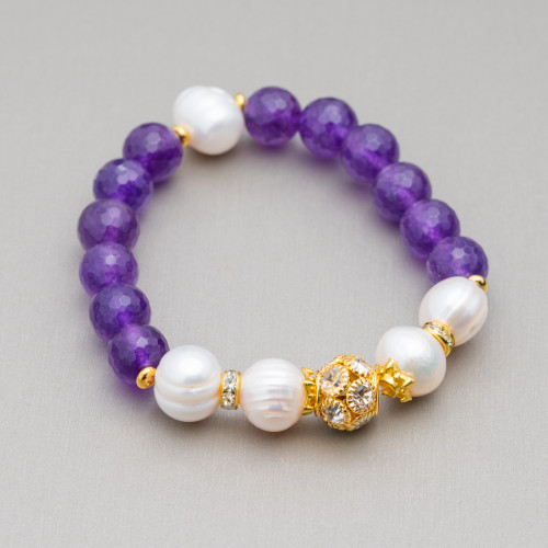 Elastic Bracelet With Semi-precious Stones And River Pearls With Central Brass Sphere And Zircons 10-12mm Purple