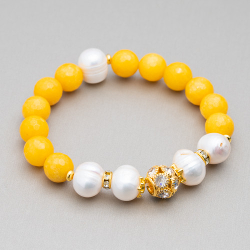 Elastic Bracelet With Semi-precious Stones And River Pearls With Central Brass Sphere And Zircons 10-12mm Yellow