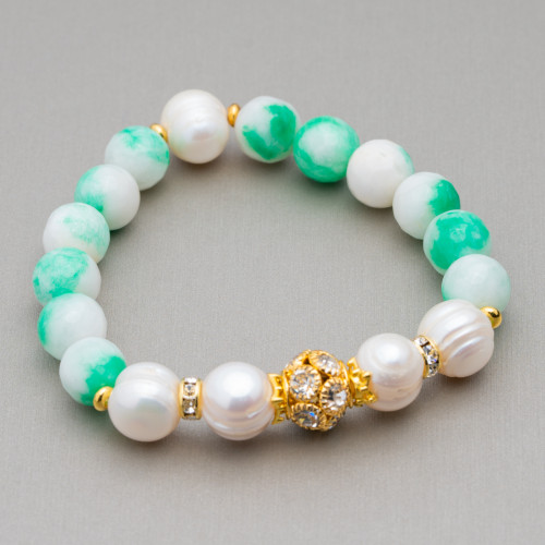 Elastic Bracelet With Semi-precious Stones And River Pearls With Central Brass Sphere And Zircons 10-12mm Green White Mix