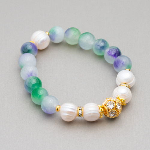 Elastic Bracelet With Semi-precious Stones And River Pearls With Central Brass Sphere And Zircons 10-12mm Green Mix