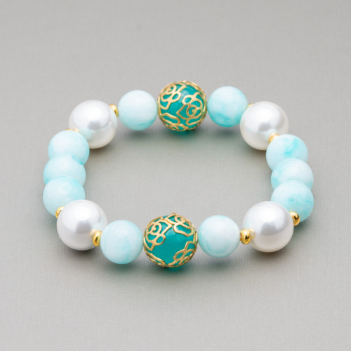 Elastic Bracelet With Semi-precious Stones And Majorcan Pearls With Bronze Cups And Washers 10-12mm Aqua Green