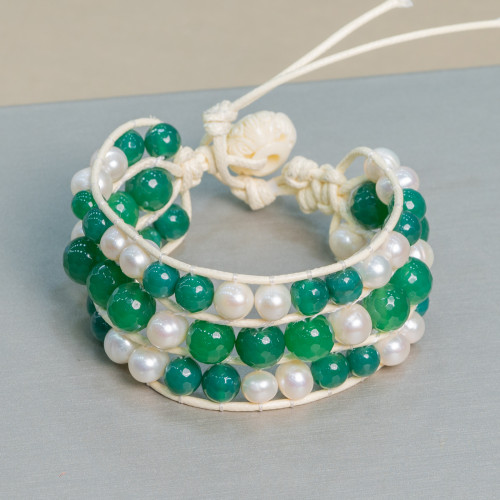 Braided Bracelet of Semiprecious Stones and River Pearls with 3 Rows Green Agate