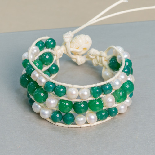 Bracciale Intrecciato Di Pietre Dure E Perle Di Fiume A 3 File Agata Verde