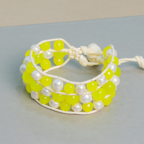 Braided Bracelet of Semiprecious Stones and River Pearls with 3 Rows Jade Fluo Yellow