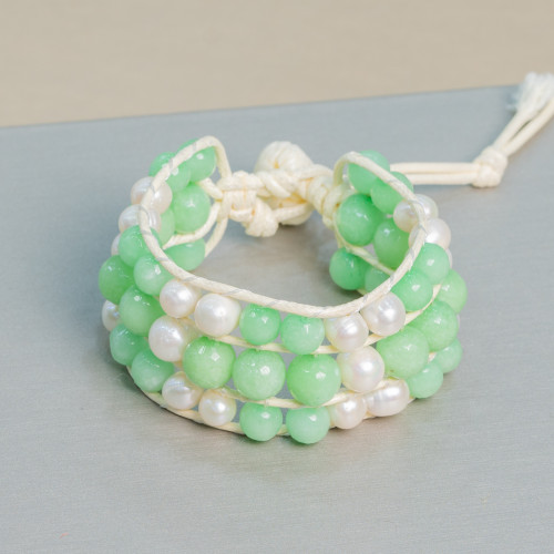 Braided Bracelet of Semi-precious Stones and River Pearls with 3 Rows in Chryso Green Jade