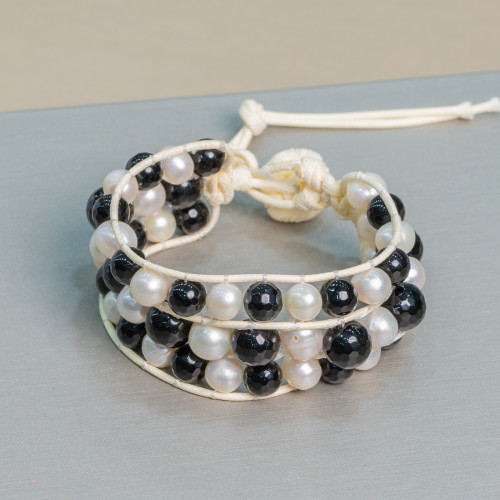 Onyx 3-Row Braided Bracelet of Semi-precious Stones and River Pearls