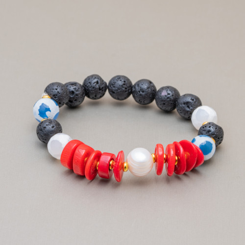 Lava Stone Bracelets With Bamboo Coral And Pearls 10-12mm Mod. Light Blue