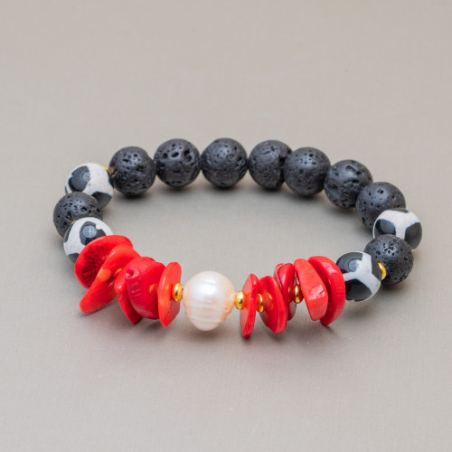 Lava Stone Bracelets With Bamboo Coral And Pearls 10-12mm Black