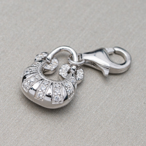 Ciondolo Pendente Charms Di Argento 925 Con Moschettone A Borsetta Con Zirconi Incastonati 11x26mm 3pz Rodiato