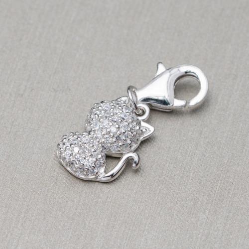 Pendant Charms Of 925 Silver Kitten With Zircons And Carabiner 10x35mm 4pcs