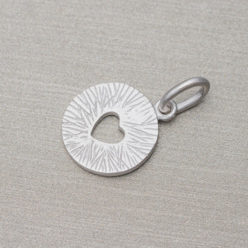 Brushed Plate 925 Silver Pendant With Engraved Heart 12mm And Ring 10pcs