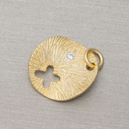 16 mm satinierter gewellter runder Plattenanhänger aus Silber 925 mit Kreuz und goldenem Zirkon, 6 Stück