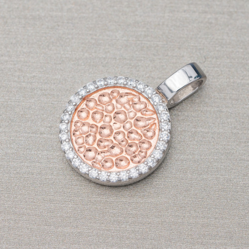 Pendant Of 925 Silver Wrought Circle 13.5x20mm With Rhodium-plated Zircons And Rose Gold 4pcs
