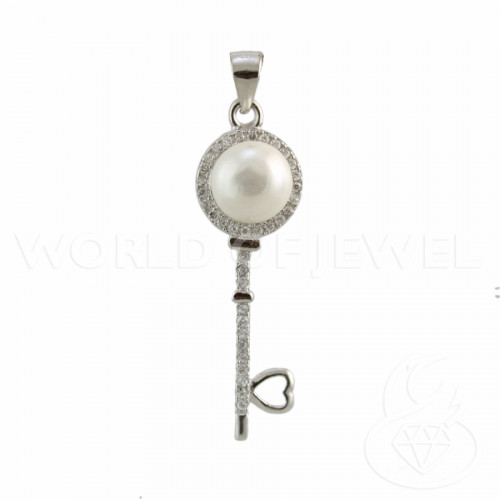 Pendant Of 925 Silver Key With Zircons And Pearls 11x39mm