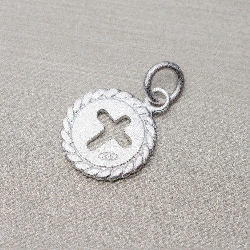 925 Silver Satin Coin Pendant 11mm With Cross 10pcs Rhodium Plated