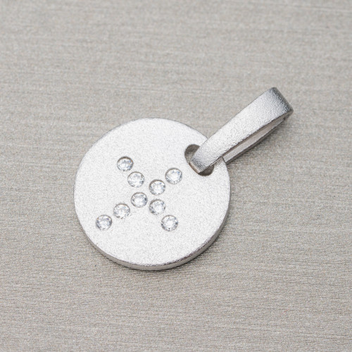 Anhänger Anhänger aus 925er Silbermünze satiniert 13 mm mit Zirkonen in einem Kreuz 5 Stück rhodiniert