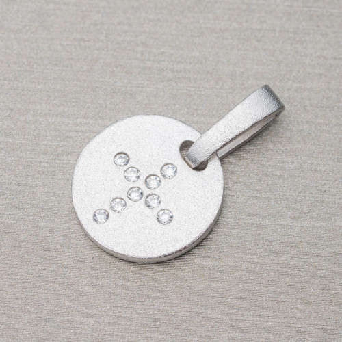 Ciondolo Pendente Di Argento 925 Coin Satinato 13mm Con Zirconi Incastonati A Croce 5pz Rodiato