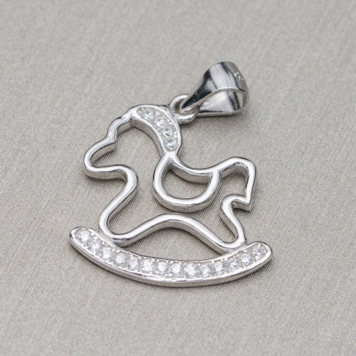 925 Silver Pendant With Zircons Rocking Horse 18x23mm 4pcs Rhodium Plated