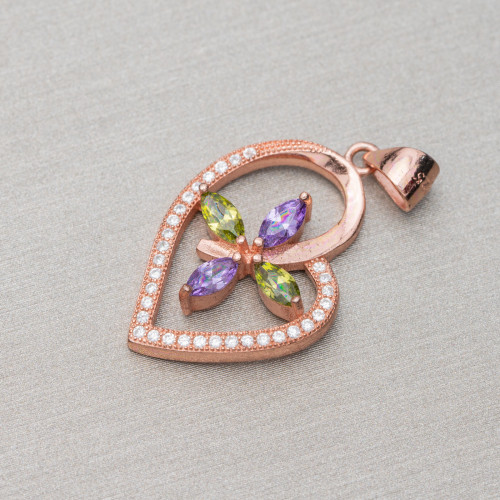 Pendant Of 925 Silver With Zircons Heart 16x30mm 2pcs Rose Gold