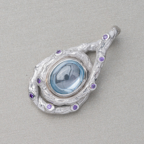 Pendant Of 925 Silver With Zircons And Cabochon Of Hydrothermal Stones 18x34mm Rhodium Plated