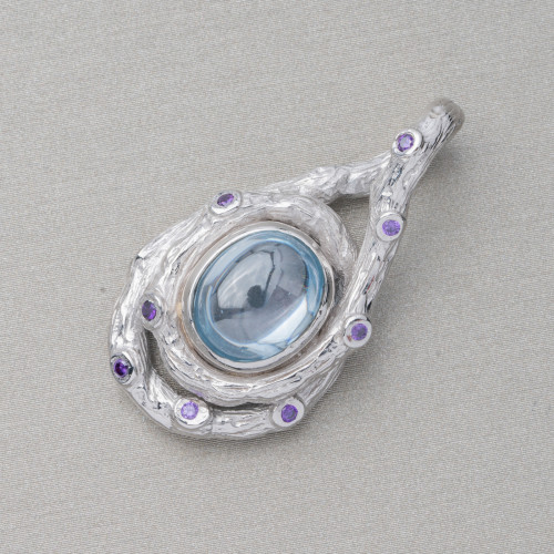 Anhänger aus 925er Silber mit Zirkonen und Cabochon aus hydrothermischen Steinen, 18 x 34 mm, rhodiniert