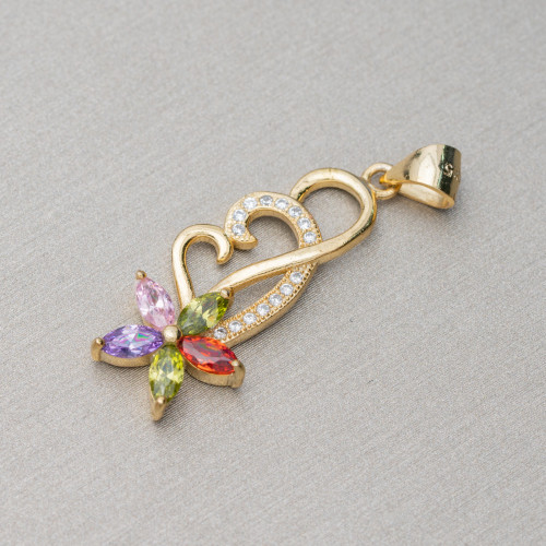 Ciondolo Pendente Di Argento 925 Con Zirconi Fantasia 12x32mm 3pz Dorato