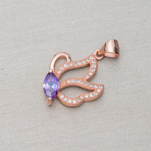 Pendant Of 925 Silver With Zircons Butterfly 15x26mm 3pcs Rose Gold Purple