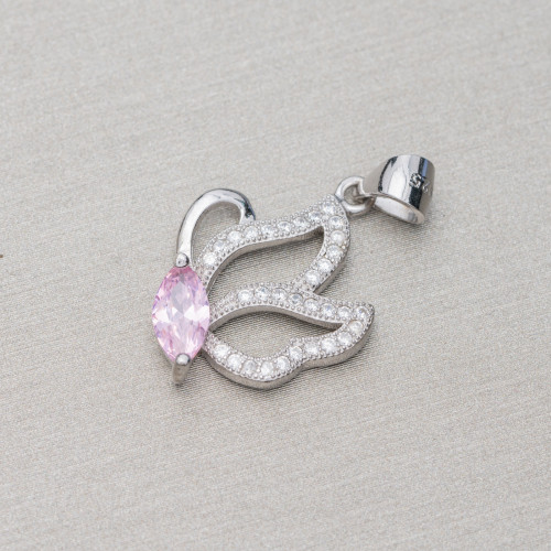 Pendant Of 925 Silver With Zircons Butterfly 15x26mm 3pcs Rhodium Plated Pink