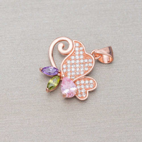 925 Silver Pendant With Zircons Butterfly 19x23mm 3pcs Rose Gold