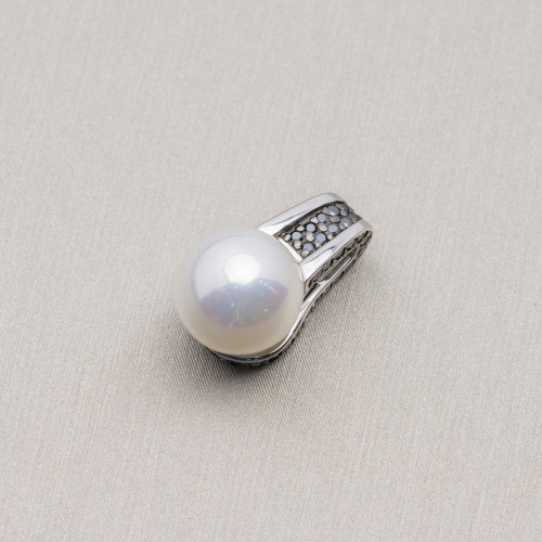 Anhänger aus 925er Silber mit schwarzen Zirkonen und weißer mallorquinischer Perle 12x24mm