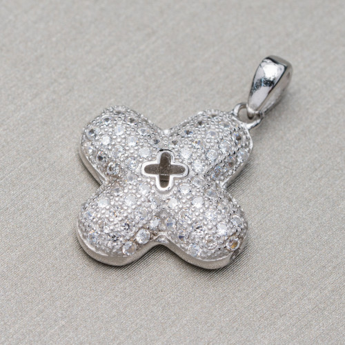 Pendant Of 925 Silver With Cubic Zirconia Four Leaf Clover 18mm 2pcs Rhodium Plated