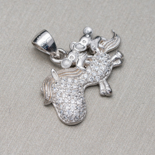 Pendant Of 925 Silver With Zircons Unicorn 23x21mm 2pcs MOD2 Rhodium Plated