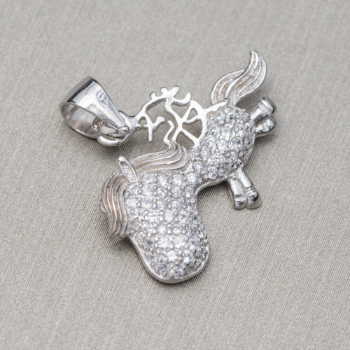 Pendant Of 925 Silver With Zircons Unicorn 23x21mm 2pcs Rhodium Plated