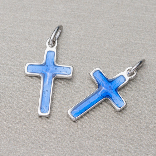 Pendant Of 925 Silver Enamelled Cross 10x16mm Rhodium Plated 10pcs Blue