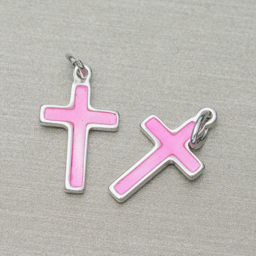 925 Silver Enamelled Cross Pendant 10x16mm Rhodium Plated 10pcs Pink