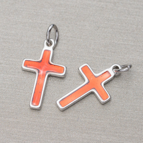 Pendant Of 925 Silver Enamelled Cross 10x16mm Rhodium Plated 10pcs Red