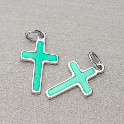 Pendant Of 925 Silver Enamelled Cross 10x16mm Rhodium Plated 10pcs Green