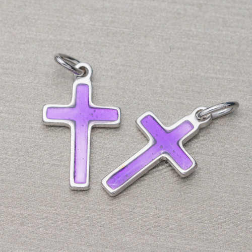 Colgante de cruz esmaltada en plata 925 10x16 mm rodiada 10 piezas Púrpura