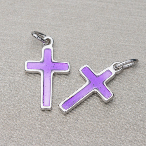 Pendentif De Croix Emaillée Argent 925 10x16mm Plaqué Rhodié 10pcs Violet