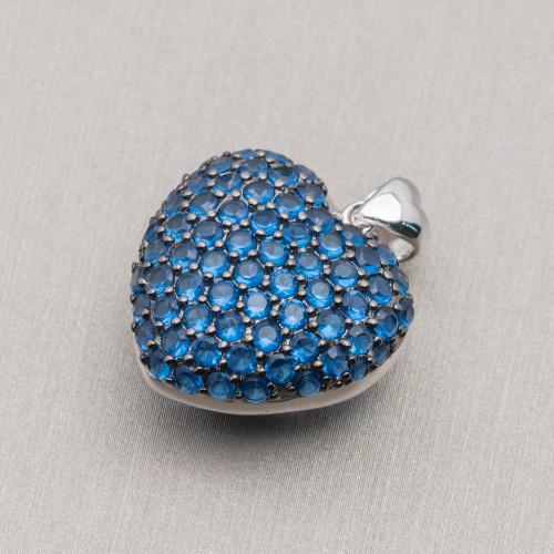 Pendentif Coeur en Argent 925 Avec Zircons 21x27mm Bleu